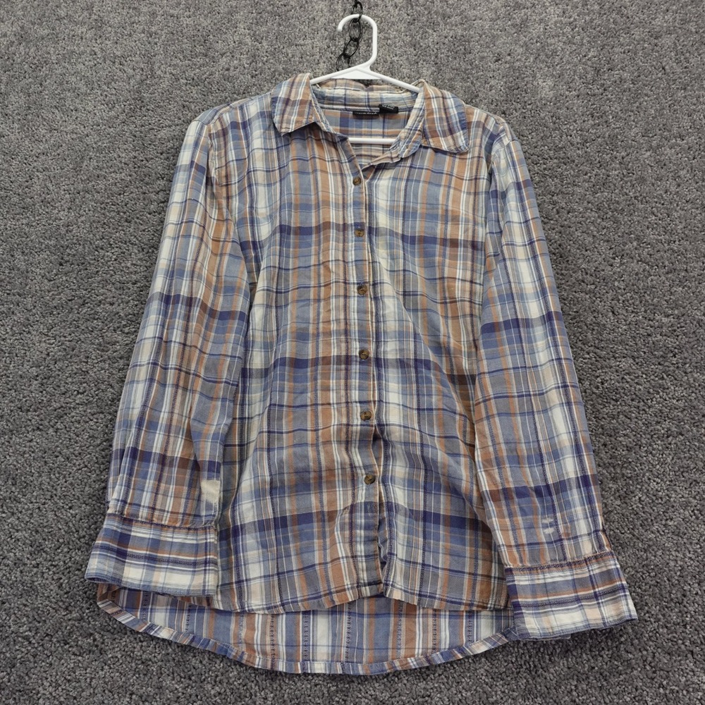 North Crest Button Down Shirt Womens Extra Large Blue Orange Plaid Long Sleeve